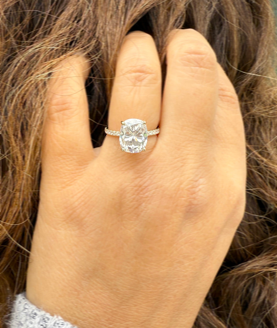 Rectangular Cushion Cut And Round Cut Sides Simulated Diamonds Engagement Ring Four Prong 14K Solid Yellow Gold Wedding Bridal Ring 4.20ctw