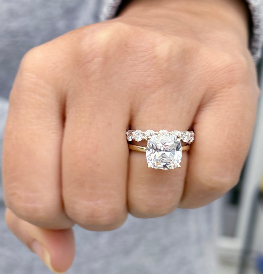 Cushion Cut and Round Cut Sides Simulated Diamonds Engagement Ring And Matching Band 14K Solid Yellow Gold Wedding Ring Bridal Set 6.50ctw