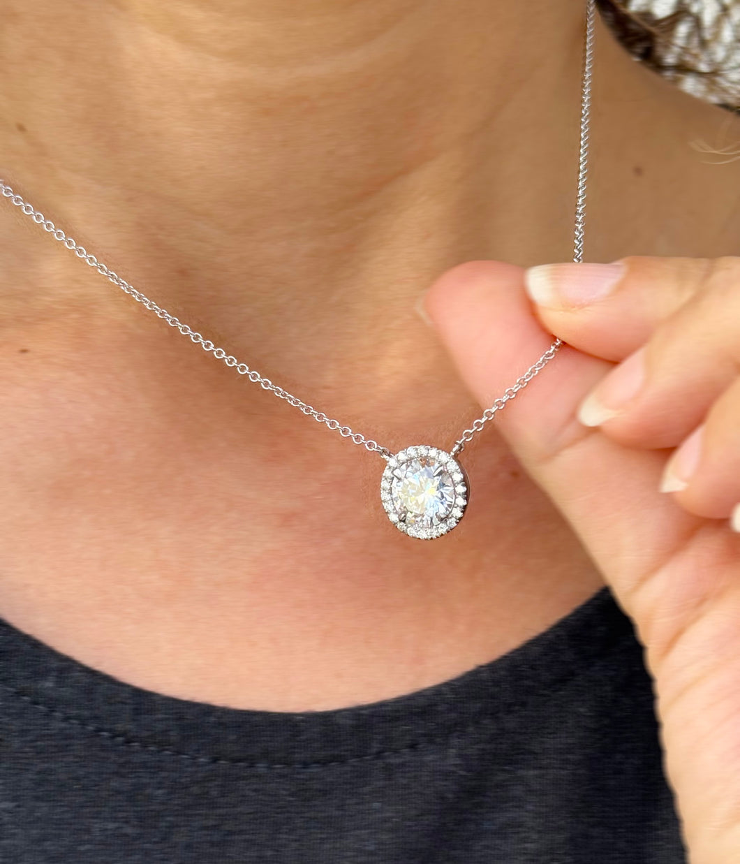 Round Cut Simulated Diamond Solitaire Necklace And Chain Dainty Minimalist Halo Style 14k Solid White Gold Pendant Bridal Wedding Gift 3.25