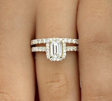 Load image into Gallery viewer, Emerald Cut And Round Cut Sides Moissanites Engagement Ring And Matching Band Set Halo Wedding Set 14K Solid Yellow Gold Bridal Set 2.00ctw
