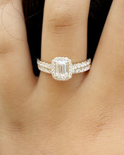 Load image into Gallery viewer, Emerald Cut And Round Cut Sides Moissanites Engagement Ring And Matching Band Set Halo Wedding Set 14K Solid Yellow Gold Bridal Set 2.00ctw
