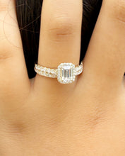 Load image into Gallery viewer, Emerald Cut And Round Cut Sides Moissanites Engagement Ring And Matching Band Set Halo Wedding Set 14K Solid Yellow Gold Bridal Set 2.00ctw
