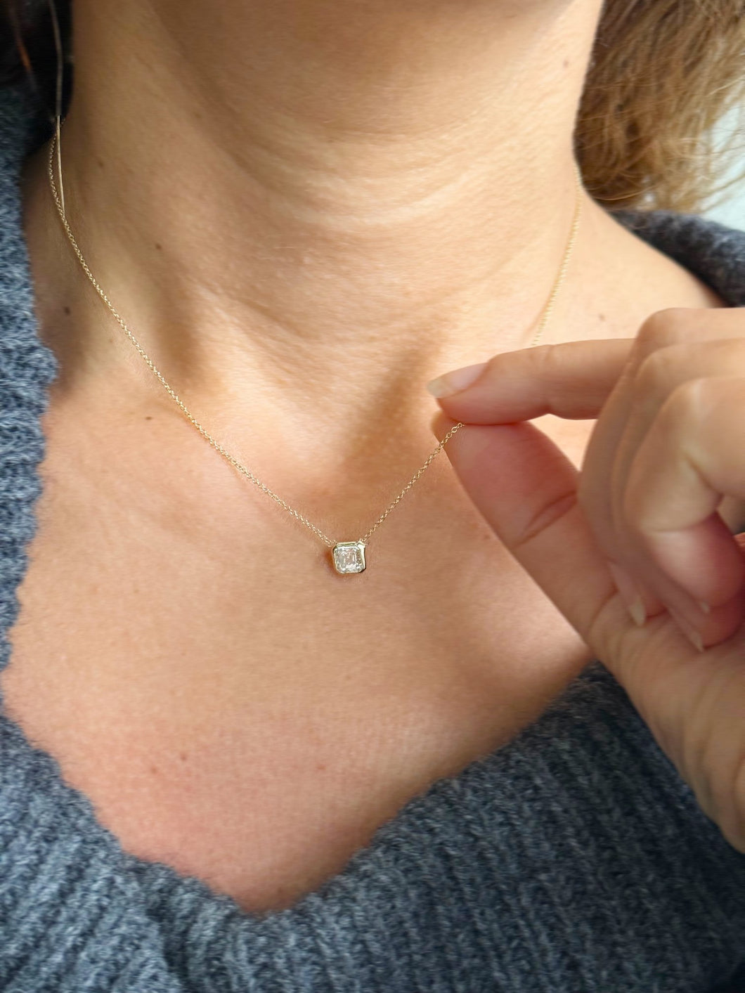 Asscher Cut Moissanite Bezel Set Solitaire Necklace And Chain In Dainty Minimalist 14k Solid Yellow Gold Pendant Bridal Wedding Gift 1.00ct