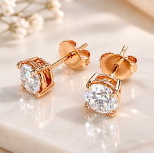 Load image into Gallery viewer, Round Shape Moissanites Stud Earrings Prong Set, Bridal, Anniversary, Gift 14K Solid Rose Gold 2.00ctw, Pushback Earings
