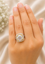 Load image into Gallery viewer, Cushion Cut And Round Cut Moissanite Engagement Ring Set Double Halo Wedding Bridal Set 14K Solid White and Yellow Gold 6.50ctw
