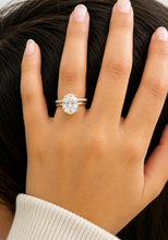 Load image into Gallery viewer, Oval Cut Simulated Diamonds And Round Cut Sides Engagement Ring And Matching Band Solitaire Wedding Set 5.30ctw Set In 14K Solid Yellow Gold

