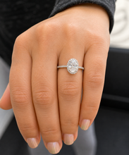 Load image into Gallery viewer, Oval Shape and Round Cut Sides Simulated Diamonds Engagement Ring Prong Set Wedding Ring Halo Style Bridal Ring 14K Solid White Gold 2.50ctw
