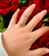 Load image into Gallery viewer, Oval Cut Simulated Diamonds And Round Cut Sides Engagement Ring And Matching Band Solitaire Wedding Set 5.30ctw Set In 14K Solid Yellow Gold
