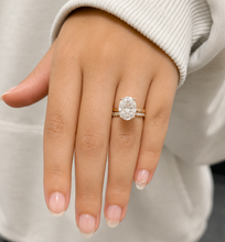 Load image into Gallery viewer, Oval Cut Simulated Diamonds And Round Cut Sides Engagement Ring And Matching Band Solitaire Wedding Set 5.30ctw Set In 14K Solid Yellow Gold
