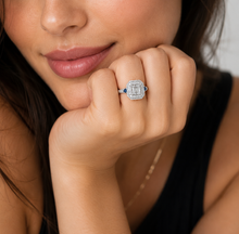 Load image into Gallery viewer, Asscher Cut and Round Cut Sides Simulated Diamonds and Sapphires Engagement Ring Halo Wedding Ring Bridal Ring 14K Solid White Gold 2.30ctw
