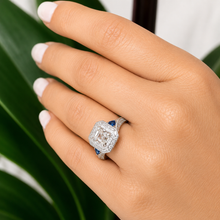 Load image into Gallery viewer, Asscher Cut and Round Cut Sides Simulated Diamonds and Sapphires Engagement Ring Halo Wedding Ring Bridal Ring 14K Solid White Gold 2.30ctw
