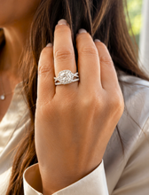 Load image into Gallery viewer, Cushion Cut And Round Cut Sides Simulated Diamonds Engagement Ring And Matching Band Halo Wedding Ring 14K Solid White Gold Bridal Set 3.00

