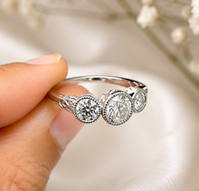 Load image into Gallery viewer, Round Cut Diamond Engagement Ring Three Stone Style Antique Design IGI Certified 14k Solid White Gold Halo Bridal Wedding set 2.00ctw
