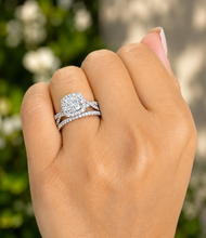 Load image into Gallery viewer, Cushion Cut And Round Cut Sides Simulated Diamonds Engagement Ring And Matching Band Halo Wedding Ring 14K Solid White Gold Bridal Set 3.00

