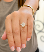 Load image into Gallery viewer, Oval Shape and Round Cut Sides Simulated Diamonds Engagement Ring Prong Set Wedding Ring Halo Style Bridal Ring 14K Solid Yellow Gold 2.50ct
