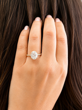 Load image into Gallery viewer, Oval Shape and Round Cut Sides Simulated Diamonds Engagement Ring Prong Set Wedding Ring Halo Style Bridal Ring 14K Solid Yellow Gold 2.50ct

