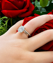 Load image into Gallery viewer, Oval Cut Simulated Diamonds And Round Cut Sides Engagement Ring And Matching Band Solitaire Wedding Set 5.30ctw Set In 14K Solid Yellow Gold
