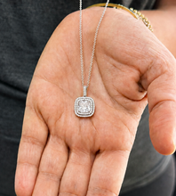 Load image into Gallery viewer, Cushion Cut Simulated Diamond Filigree Double Halo Style Necklace And Chain Halo Pendant Wedding Gift For Her 14k Solid White Gold 2.50ct
