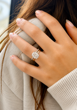 Load image into Gallery viewer, Oval Cut Simulated Diamonds And Round Cut Sides Engagement Ring And Matching Band Solitaire Wedding Set 5.30ctw Set In 14K Solid Yellow Gold
