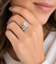Load image into Gallery viewer, Elongated Cushion Cut and Round Cut Sides Simulated Diamonds Engagement Ring And Matching Band 14K Solid White Gold Wedding Set 6.50ctw
