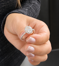 Load image into Gallery viewer, Oval Shape and Round Cut Sides Simulated Diamonds Engagement Ring Prong Set Wedding Ring Halo Style Bridal Ring 14K Solid White Gold 2.50ctw
