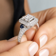 Load image into Gallery viewer, Asscher Cut and Round Cut Sides Simulated Diamonds and Sapphires Engagement Ring Halo Wedding Ring Bridal Ring 14K Solid White Gold 2.30ctw
