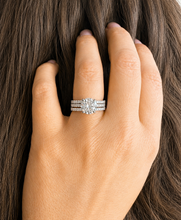 Load image into Gallery viewer, Round Cut Simulated Diamonds Engagement Ring And Two Matching Bands Set Halo Wedding Set Prong Set Propose Bridal Set 14K White Gold 3.70ct
