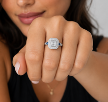 Load image into Gallery viewer, Asscher Cut and Round Cut Sides Simulated Diamonds and Sapphires Engagement Ring Halo Wedding Ring Bridal Ring 14K Solid White Gold 2.30ctw
