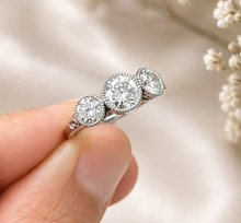 Load image into Gallery viewer, Round Cut Diamond Engagement Ring Three Stone Style Antique Design IGI Certified 14k Solid White Gold Halo Bridal Wedding set 2.00ctw
