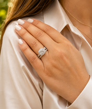 Load image into Gallery viewer, Cushion Cut And Round Cut Sides Simulated Diamonds Engagement Ring And Matching Band Halo Wedding Ring 14K Solid White Gold Bridal Set 3.00
