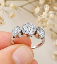 Load image into Gallery viewer, Round Cut Diamond Engagement Ring Three Stone Style Antique Design IGI Certified 14k Solid White Gold Halo Bridal Wedding set 2.00ctw
