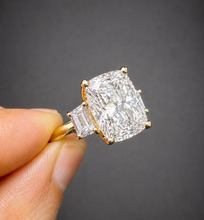 Load image into Gallery viewer, Cushion Cut Center And Trapezid Shape Sides Diamond Engagement Ring IGI Certified 14k Solid Yellow Gold Three Stone Style Ring 6.00ctw G-VS2
