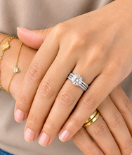 Load image into Gallery viewer, Round Cut Simulated Diamonds Engagement Ring And Two Matching Bands Set Halo Wedding Set Prong Set Propose Bridal Set 14K White Gold 3.70ct
