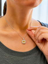 Load image into Gallery viewer, Round Cut Natural Yellow Citrine And Simulated Diamonds Dangling Earrings Double Halo Style Pendant And Chain Necklace 14K White Gold 2.50ct
