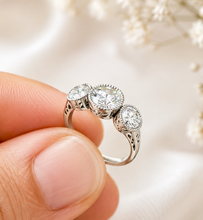 Load image into Gallery viewer, Round Cut Diamond Engagement Ring Three Stone Style Antique Design IGI Certified 14k Solid White Gold Halo Bridal Wedding set 2.00ctw
