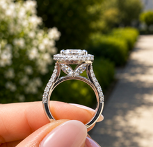 Load image into Gallery viewer, Round Cut Simulated Diamonds Engagement Ring 14K Solid White Gold Halo Split Shank Design Wedding Bridal Ring 5.70ctw
