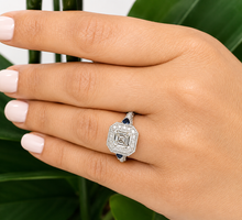 Load image into Gallery viewer, Asscher Cut and Round Cut Sides Simulated Diamonds and Sapphires Engagement Ring Halo Wedding Ring Bridal Ring 14K Solid White Gold 2.30ctw
