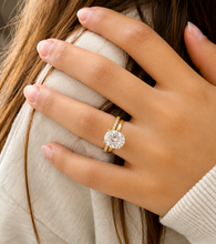 Load image into Gallery viewer, Oval Cut Simulated Diamonds And Round Cut Sides Engagement Ring And Matching Band Solitaire Wedding Set 5.30ctw Set In 14K Solid Yellow Gold
