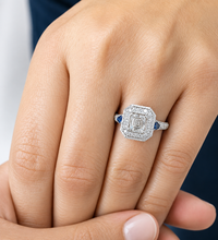 Load image into Gallery viewer, Asscher Cut and Round Cut Sides Simulated Diamonds and Sapphires Engagement Ring Halo Wedding Ring Bridal Ring 14K Solid White Gold 2.30ctw

