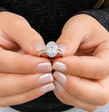 Load image into Gallery viewer, Oval Shape and Round Cut Sides Simulated Diamonds Engagement Ring Prong Set Wedding Ring Halo Style Bridal Ring 14K Solid White Gold 2.50ctw
