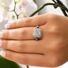 Load image into Gallery viewer, Asscher Cut and Round Cut Sides Simulated Diamonds and Sapphires Engagement Ring Halo Wedding Ring Bridal Ring 14K Solid White Gold 2.30ctw
