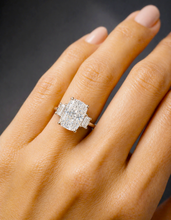 Load image into Gallery viewer, Cushion Cut Center And Trapezid Shape Sides Diamond Engagement Ring IGI Certified 14k Solid Yellow Gold Three Stone Style Ring 6.00ctw G-VS2
