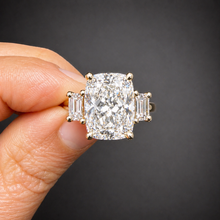 Load image into Gallery viewer, Cushion Cut Center And Trapezid Shape Sides Diamond Engagement Ring IGI Certified 14k Solid Yellow Gold Three Stone Style Ring 6.00ctw G-VS2
