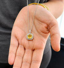 Load image into Gallery viewer, Round Cut Natural Yellow Citrine And Simulated Diamonds Dangling Earrings Double Halo Style Pendant And Chain Necklace 14K White Gold 2.50ct
