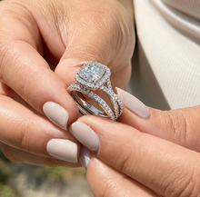 Load image into Gallery viewer, Cushion Cut And Round Cut Sides Simulated Diamonds Engagement Ring And Matching Band Halo Wedding Ring 14K Solid White Gold Bridal Set 3.00
