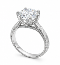 Load image into Gallery viewer, Round Cut Moissanite Engagement Ring Solitaire Bridal Ring Crown Prongs Filigree Style Shank Wedding ring Solitaire 14k White Gold 3.10ct
