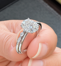 Load image into Gallery viewer, Oval Cut Moissanite And Round Cut Sides Engagement Ring And Band Set Solitaire Bridal Ring Set 14K Solid White Gold Wedding Ring Set 3.15ctw
