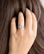 Load image into Gallery viewer, Round Cut Simulated Diamonds Engagement Ring And Two Matching Bands Set Halo Wedding Set Prong Set Propose Bridal Set 14K White Gold 3.70ct
