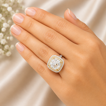 Load image into Gallery viewer, Cushion Cut And Round Cut Moissanite Engagement Ring Set Double Halo Wedding Bridal Set 14K Solid White and Yellow Gold 6.50ctw
