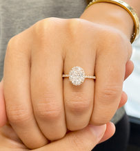 Load image into Gallery viewer, Oval Shape and Round Cut Sides Simulated Diamonds Engagement Ring Prong Set Wedding Ring Halo Style Bridal Ring 14K Solid Yellow Gold 2.50ct
